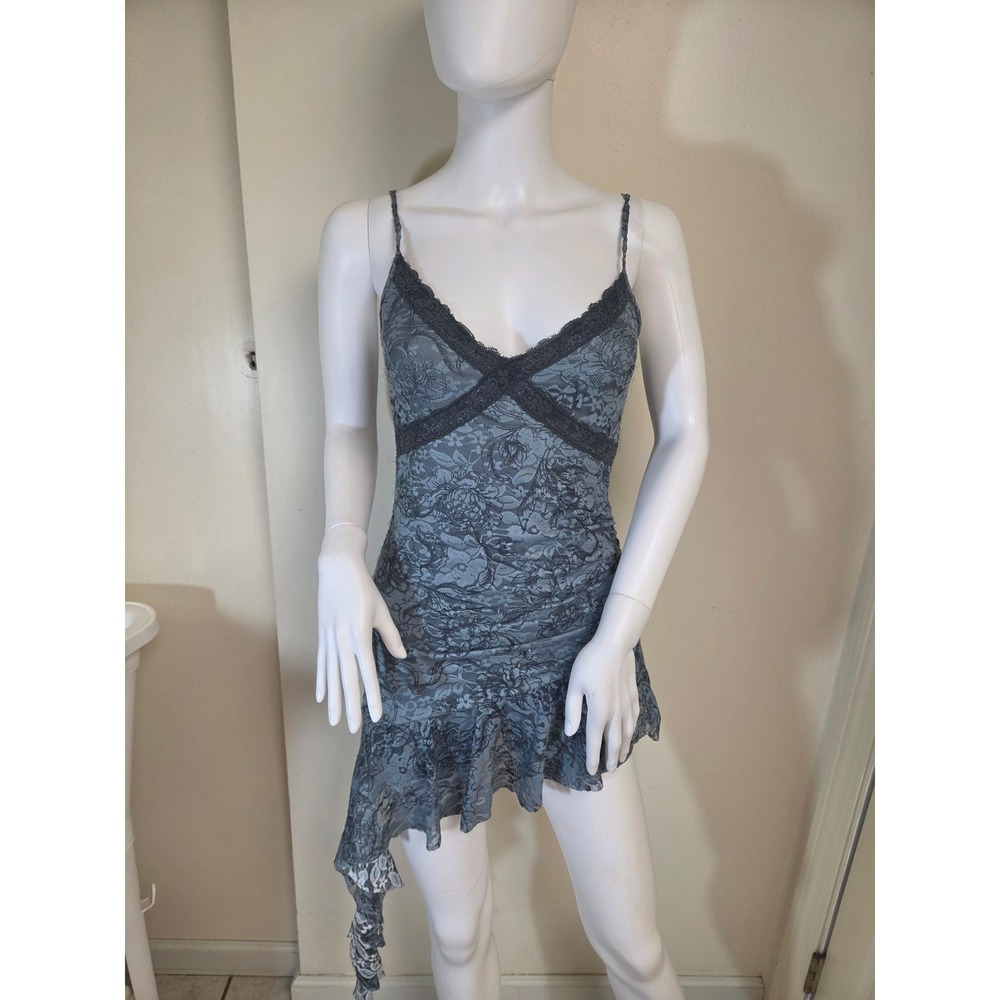 Y2K RARE !!!Urban Outfitters Gray Floral Lace Asymmetrical Ruffle Romper XS